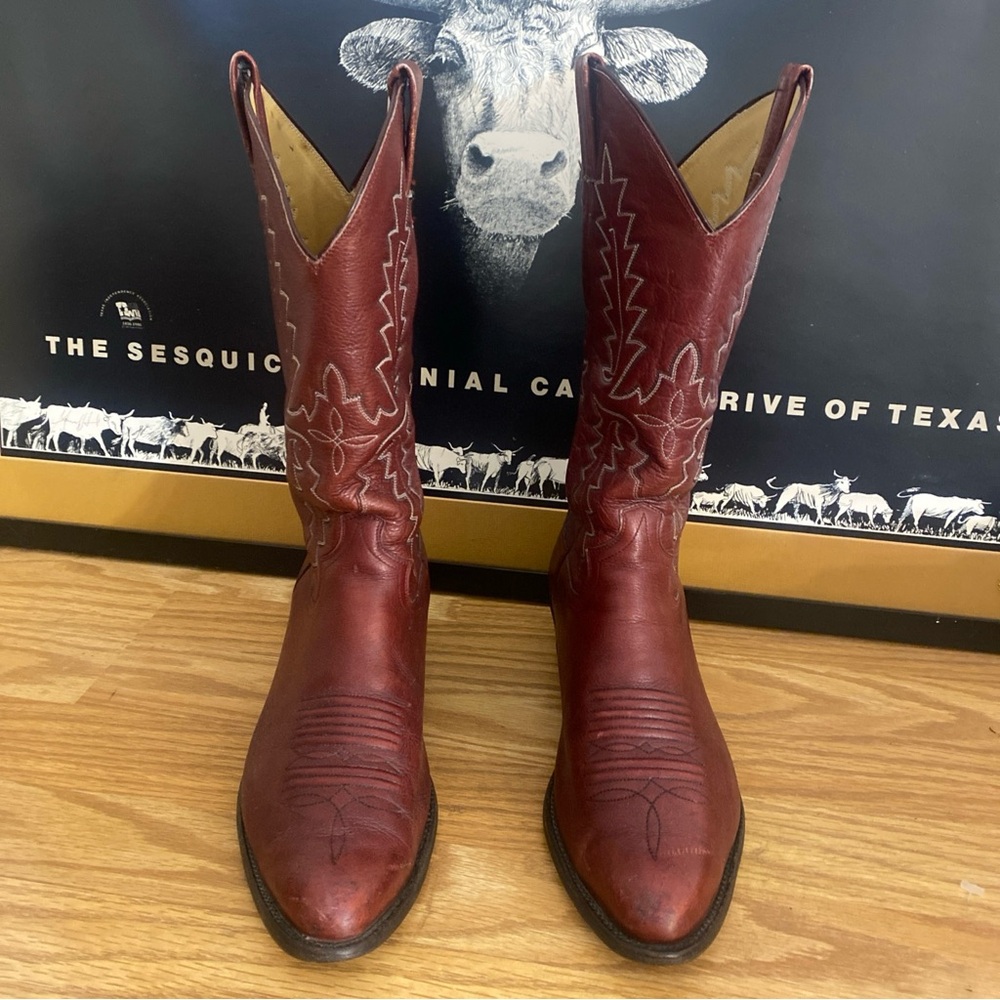 SANDERS Cowboy Boots Men’s Size 9 1/2 D Rodeo Western Wear Burgundy Red VTG